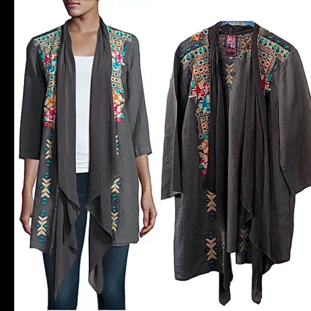 Johnny Was JWLA Gray Embroidered 100% Linen Kimono Size 1X